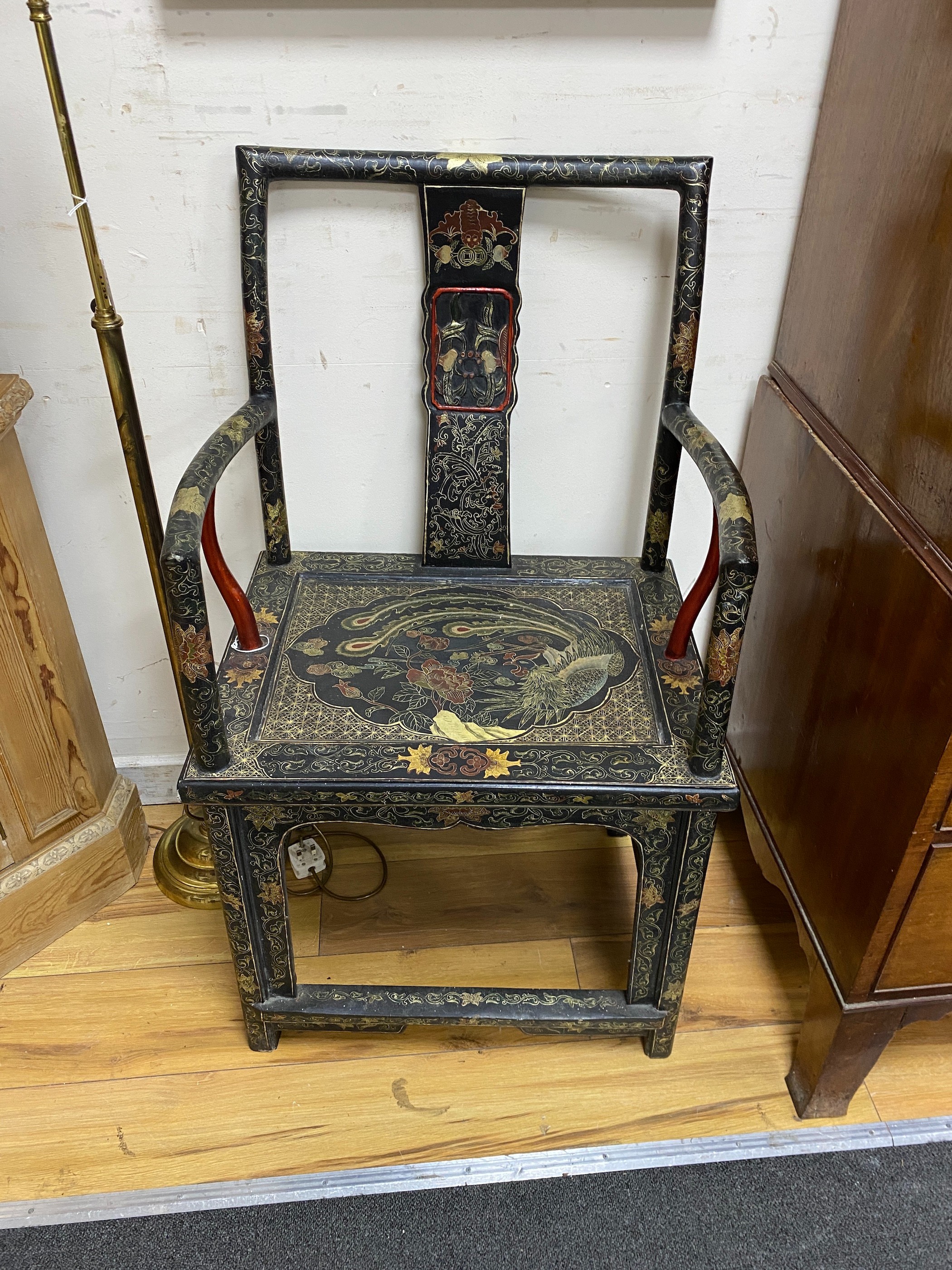 Three Chinese lacquered elbow chairs, width 56cm depth 42cm height 98cm